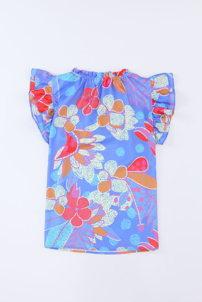 Kella Floral Notched Neck Flutter Sleeve Blouse- Deal of the Day!