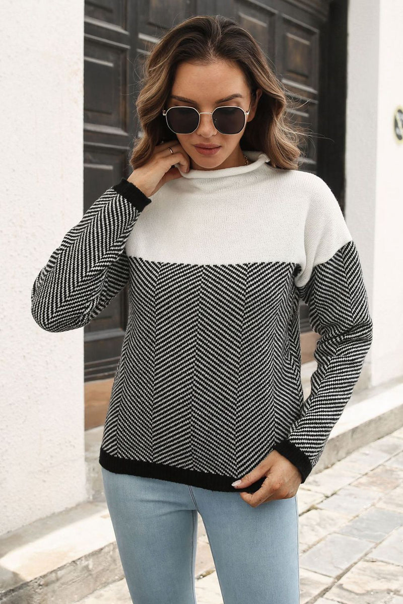 Cheryl Two-Tone Mock Neck Dropped Shoulder Pullover Sweater