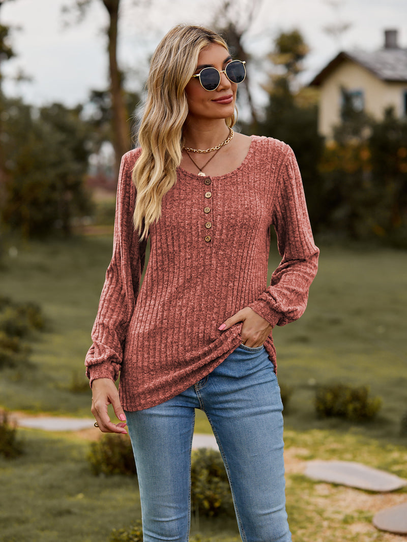Nailey Round Neck Button-Down Long Sleeve Tee