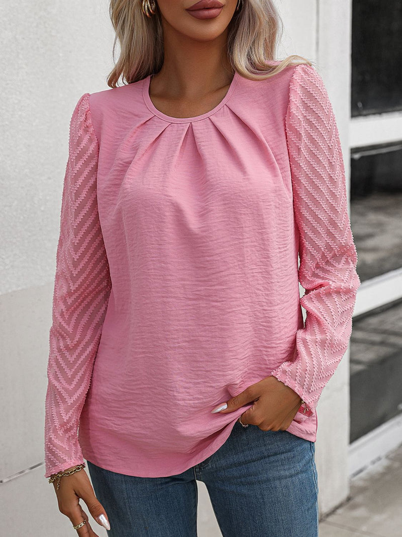 Soleil Ruched Round Neck Puff Sleeve Blouse