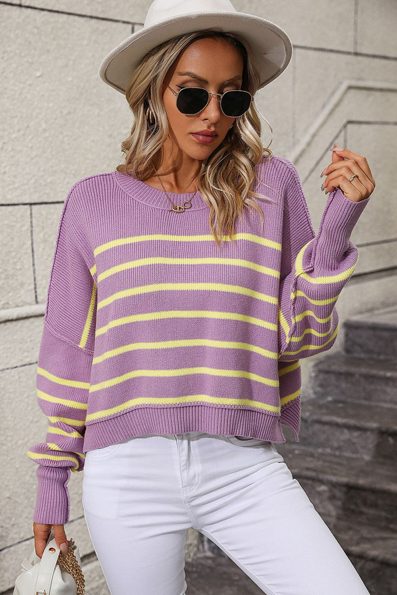 Hadley Striped Dropped Shoulder Round Neck Pullover Sweater