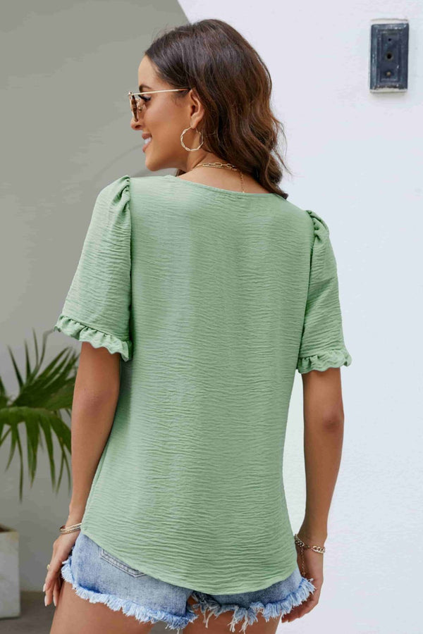 Deal of the Day Wilma Frill Trim Puff Sleeve Square Neck Blouse