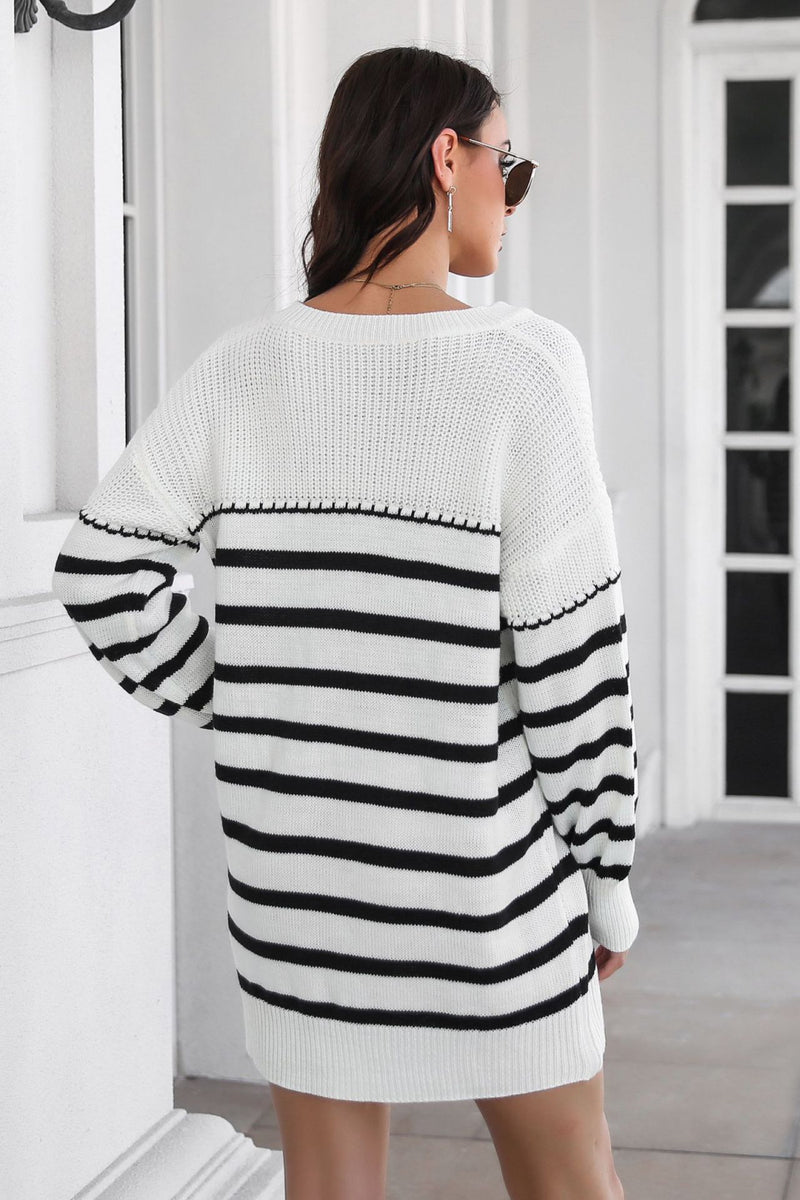 Melina Striped V-Neck Drop Shoulder Sweater Dress