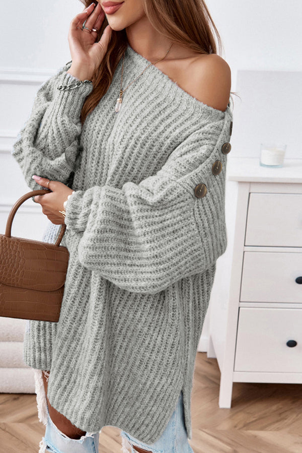Hilary Buttoned Boat Neck Slit Sweater