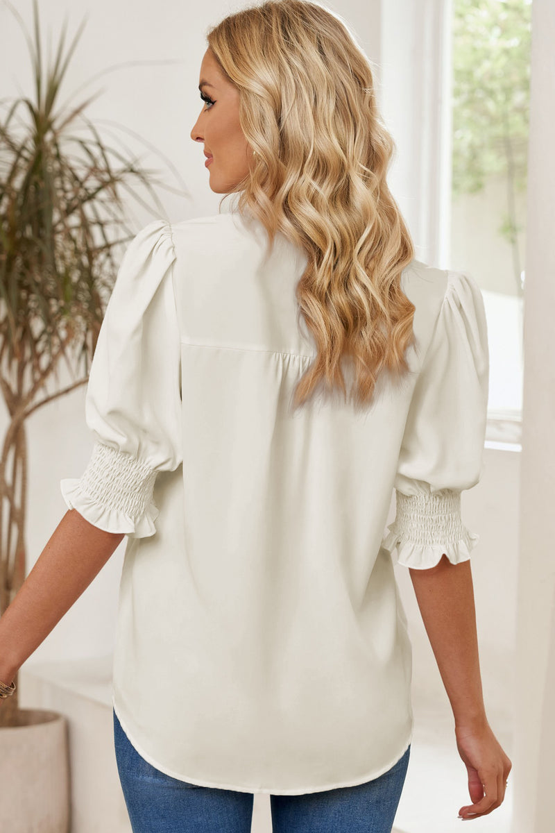 Sylvia Smocked Flounce Sleeve Notched Neck Blouse- Deal of the Day!