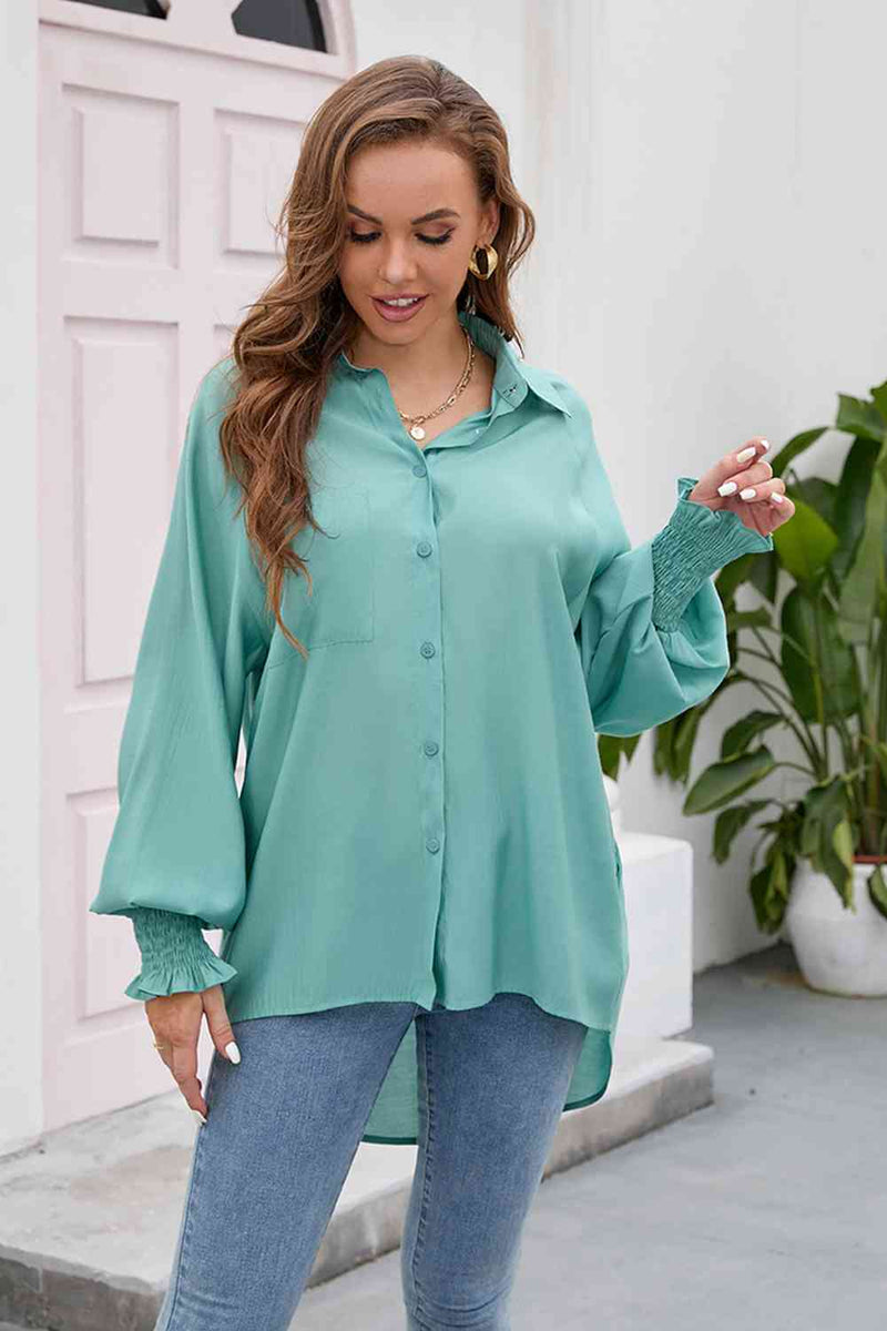 Ralley High-Low Collared Neck Lantern Sleeve Shirt -- Deal of the day!