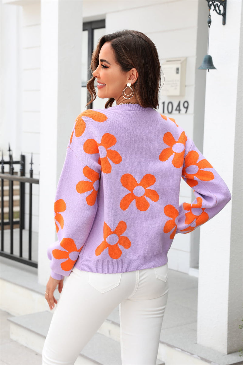 Mckenna Floral Print Round Neck Dropped Shoulder Pullover Sweater