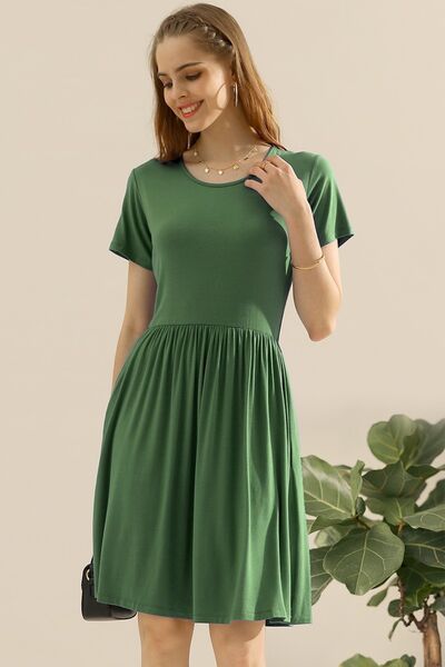 Caspar Full Size Round Neck Ruched Dress with Pockets