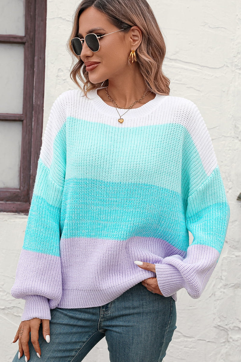 Topanga Round Neck Color Block Ribbed Pullover Sweater