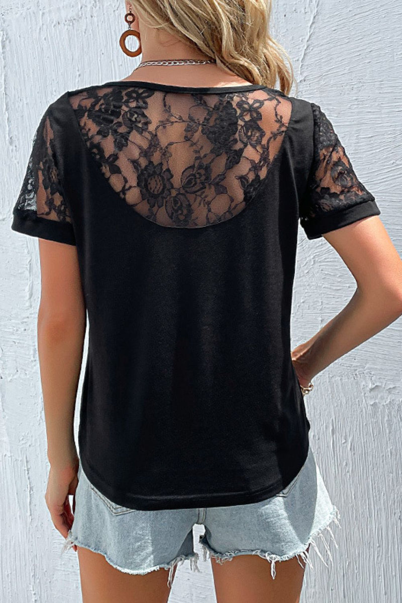 Cindy Spliced Lace Round Neck Short Sleeve Top