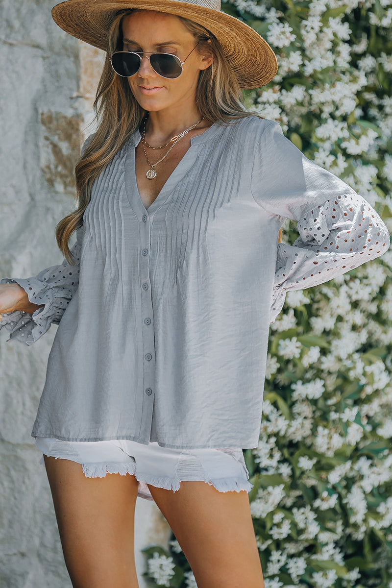 Ruhn Eyelet Button Front Notched Neck Blouse- Deal of the Day!