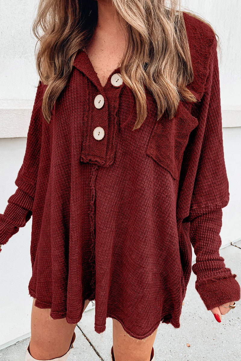 Tabitha Waffle Knit Buttoned Long Sleeve Top with Breast Pocket