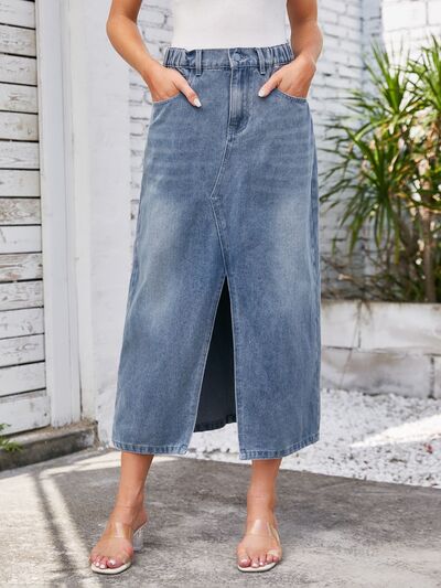 Tina Slit Midi Denim Skirt with Pockets