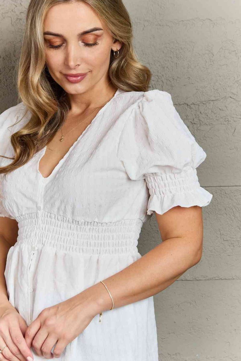 Serenity Full Size V-Neck Puff Sleeve Button Down Top
