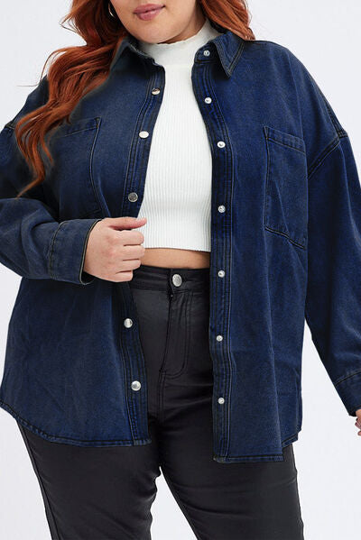 Addy Plus Size Snap Down Pocketed Denim Jacket
