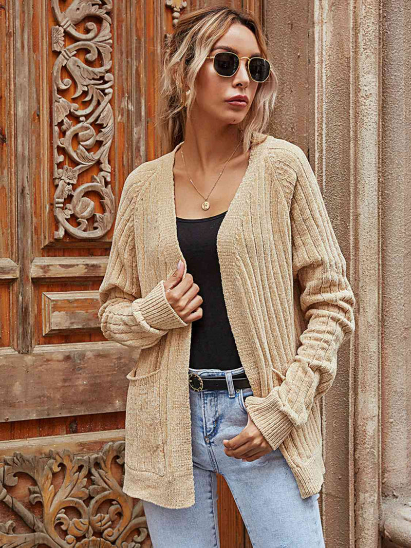 Zoey Ribbed Open Front Long Sleeve Cardigan with Pockets
