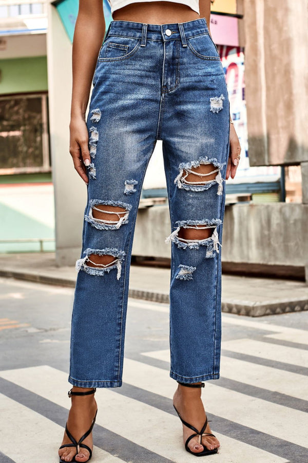 Deitra Distressed Buttoned Jeans with Pockets