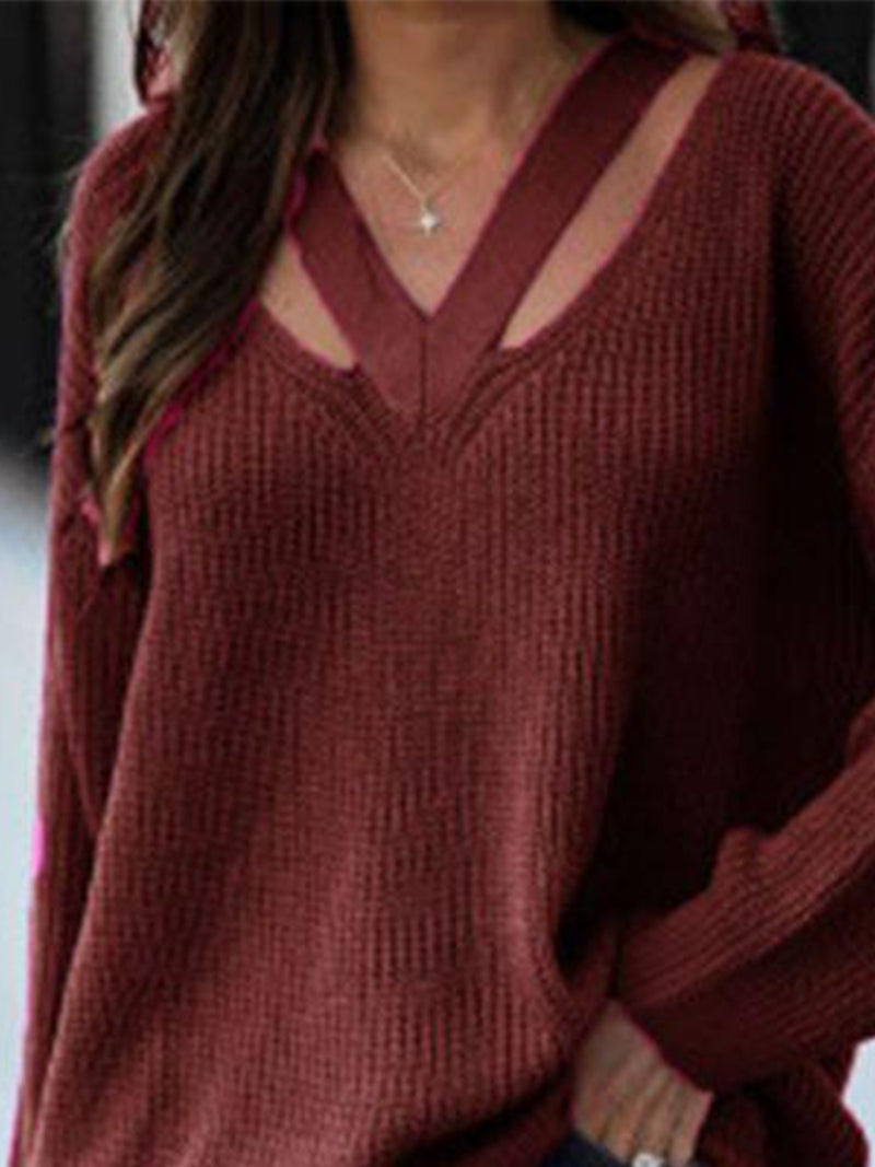 Corey Full Size Cutout V-Neck Rib-Knit Sweater