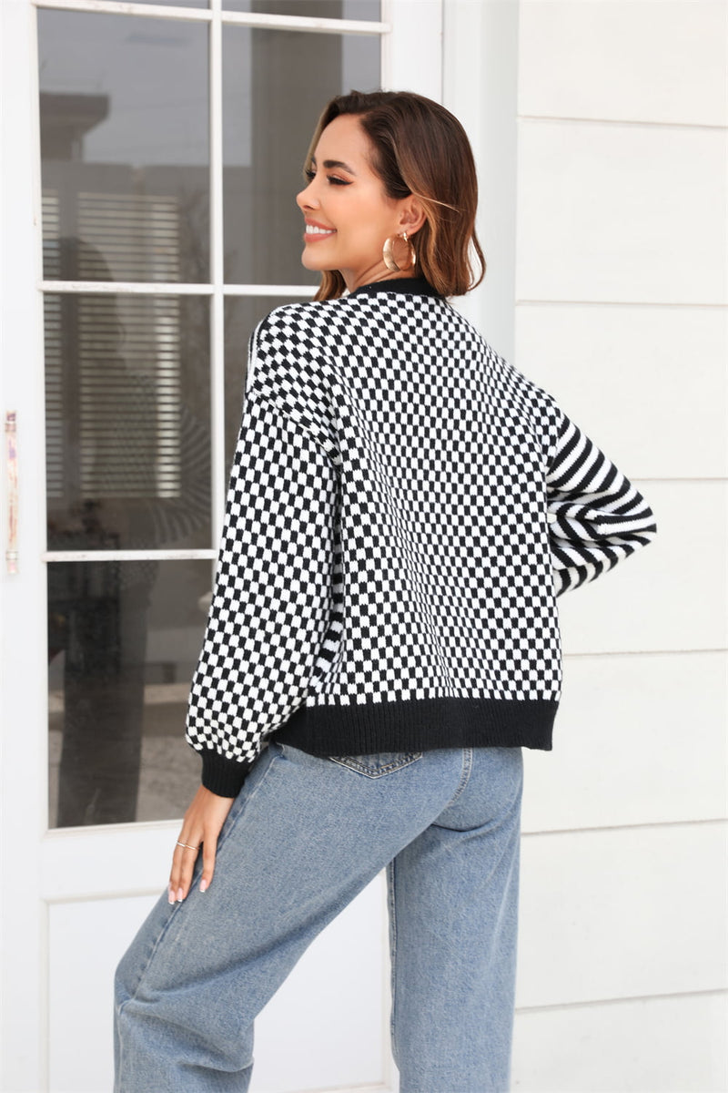 Solis Button-Down Stripe & Plaid Contrast Pattern Cardigan