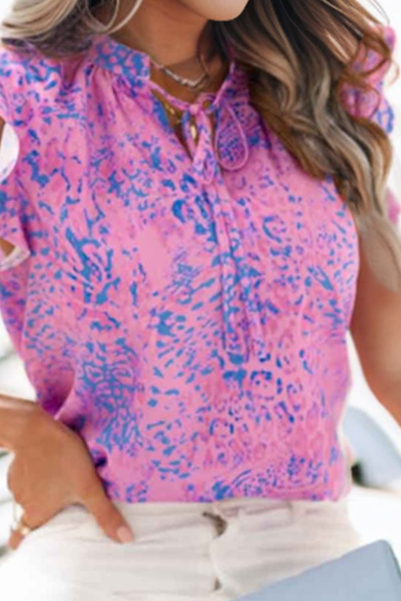 Everly Printed Tie Neck Flutter Sleeve Blouse - Deal of the Day!