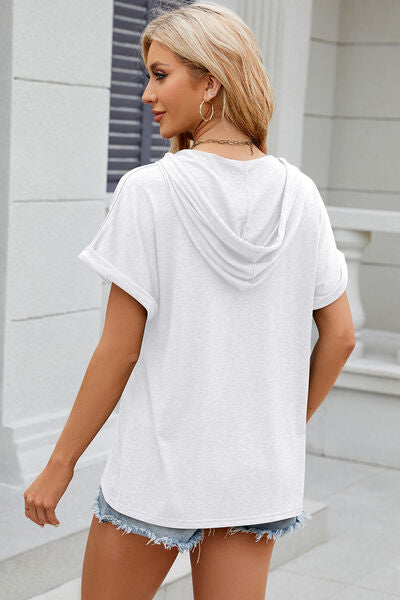 Luna Half Button Drawstring Short Sleeve Hooded T-Shirt