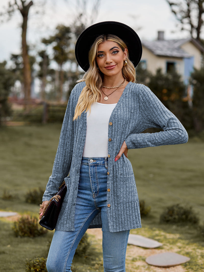 Stella Ribbed Button-UP Cardigan with Pockets - Deal of the day!