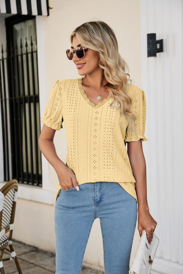 Deal of the Day Austin Eyelet Flounce Sleeve Scalloped V-Neck Top