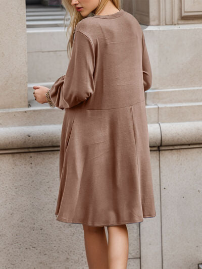 Trina Half Button V-Neck Long Sleeve Dress with Pockets