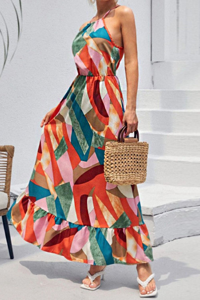 Frannie Multicolored Tied Grecian Neck Maxi Dress