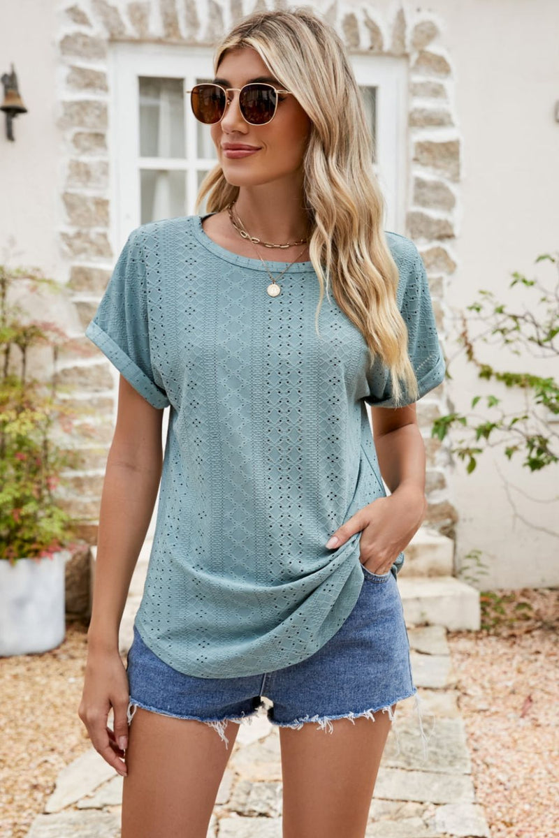 Wendy Full Size Round Neck Eyelet Short Sleeve Top - Deal of the day!
