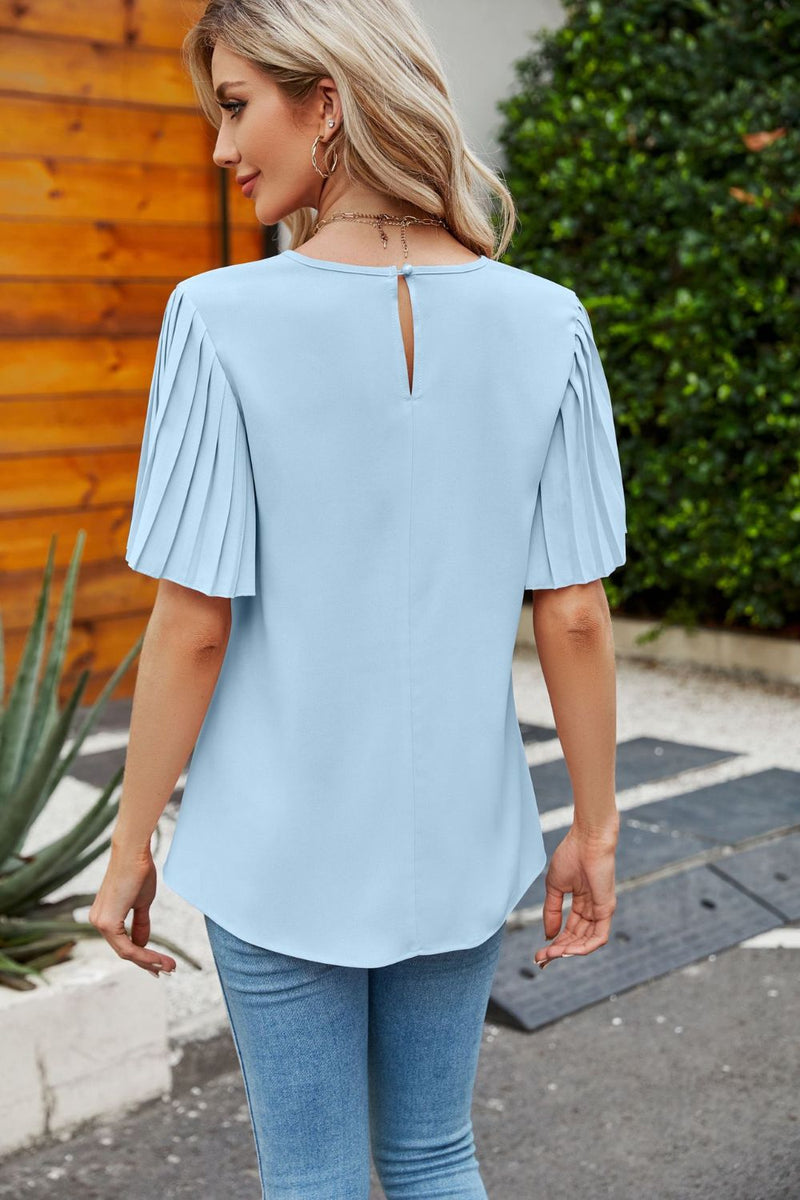 Mazie Pleated Flutter Sleeve Round Neck Blouse- Deal of the Day!