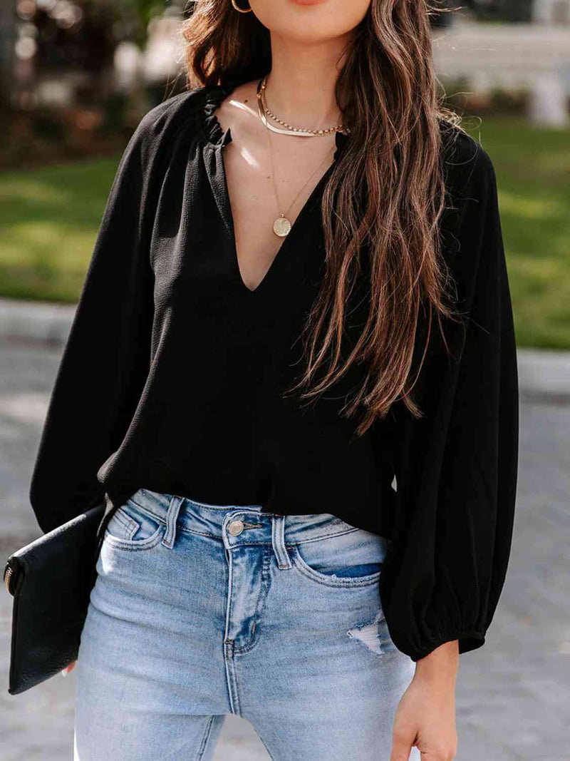 Iyla Notched Neck Long Sleeve Blouse - Deal of the day!