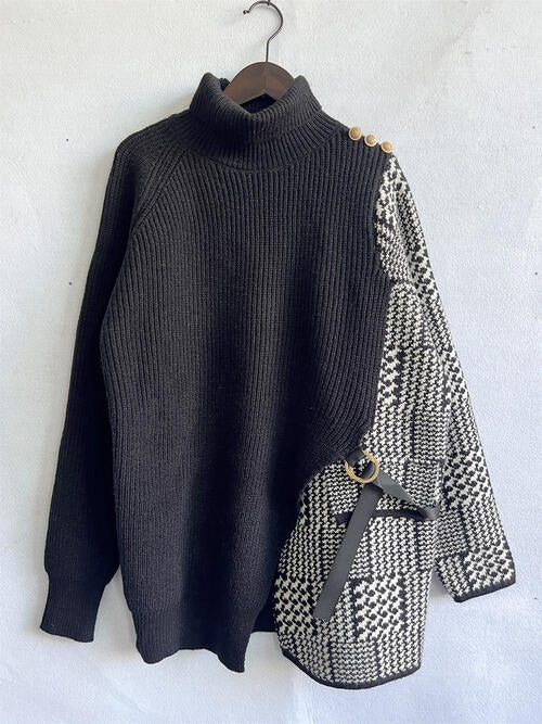 Amelia Houndstooth Turtleneck Long Sleeve Slit Sweater