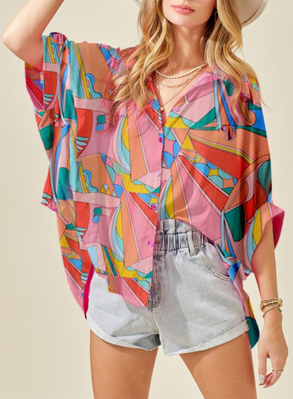 Lolly Printed Dolman Sleeve Collared Shirt