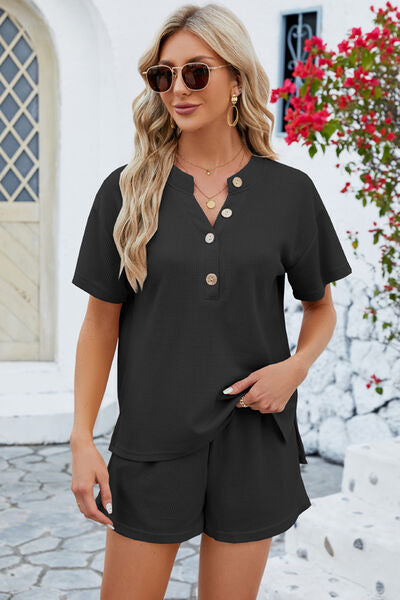 Duva Notched Button Detail Dropped Shoulder Top and Shorts Set