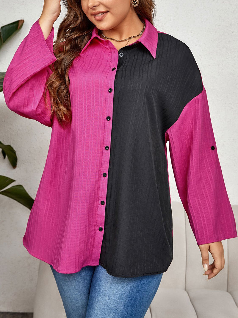 Kendra Plus Size Contrast Color Roll-Tap Sleeve Shirt