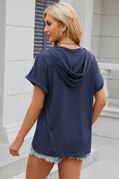 Luna Half Button Drawstring Short Sleeve Hooded T-Shirt