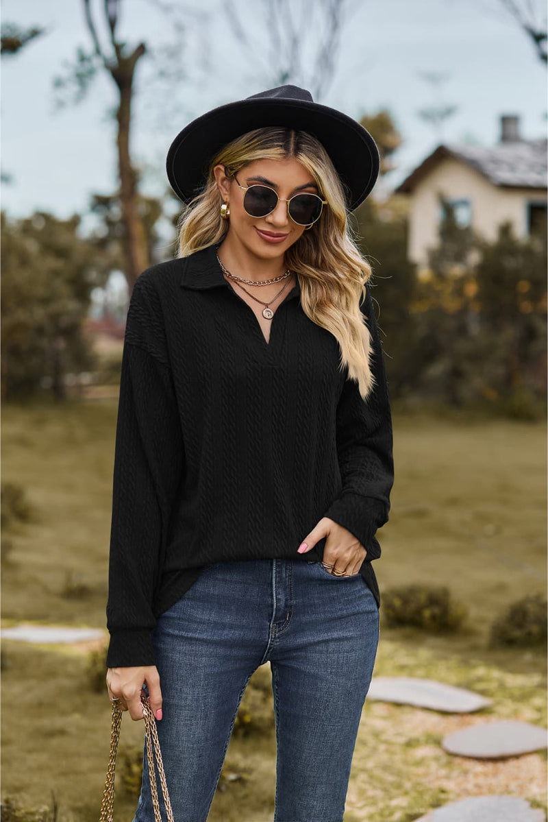 Nora Collared Neck Cable-Knit Long Sleeve Blouse- Deal of the Day!