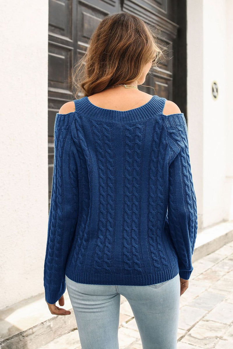Forest Cold Shoulder V-Neck Cable-Knit Pullover Sweater