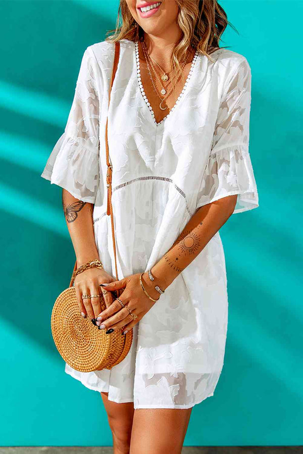 Marina Applique V-Neck Flounce Sleeve Mini Dress