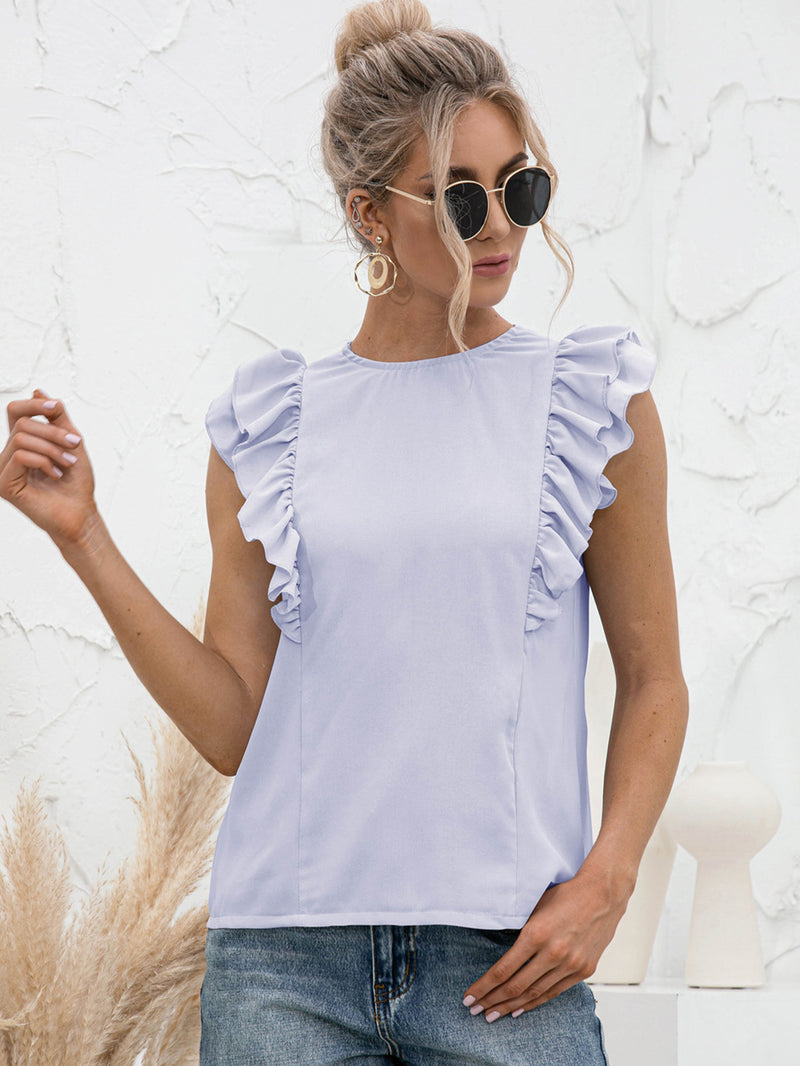 Mayra Round Neck Tied Open Back Flutter Sleeve Top