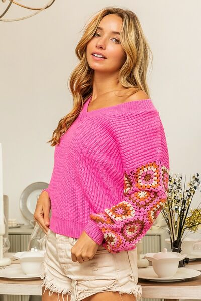 Camilla V-Neck Crochet Long Sleeve Sweater