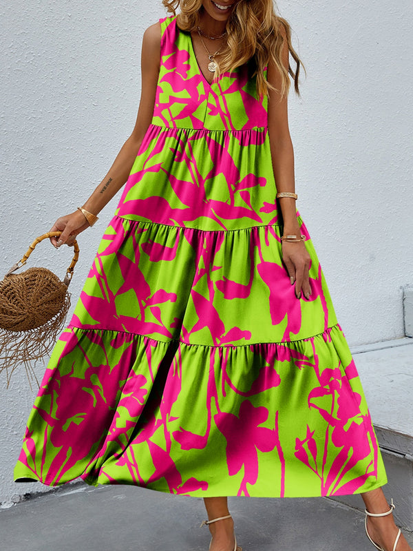 Selah Tiered Printed V-Neck Sleeveless Dress