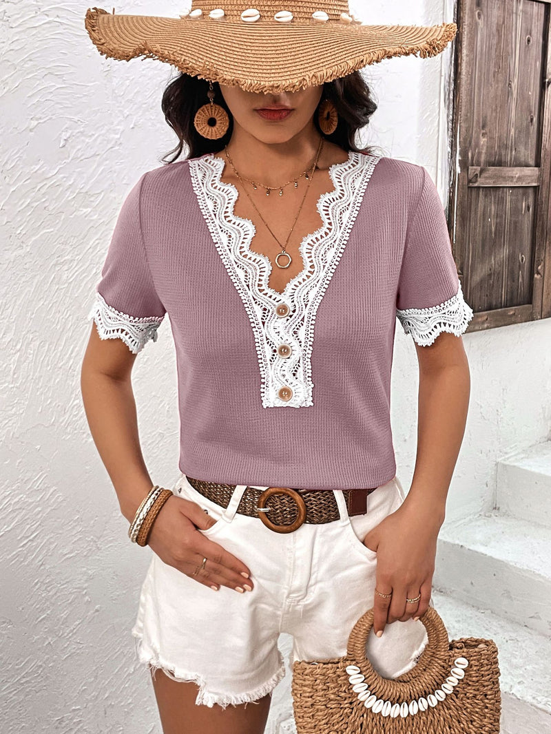 Liam Decorative Button Spliced Lace Short Sleeve Top - Deal of the Day!