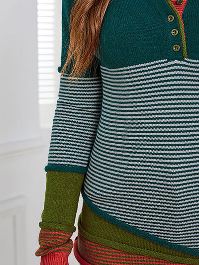 Nolan Striped Contrast Notched Long Sleeve Sweater