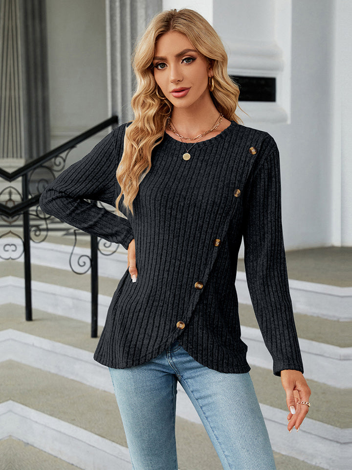 Lindley Round Neck Ribbed Button Detail Blouse