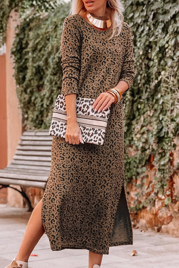 Jaylee Round Neck Leopard Print Long Sleeve Slit Dress -- Deal of the day!