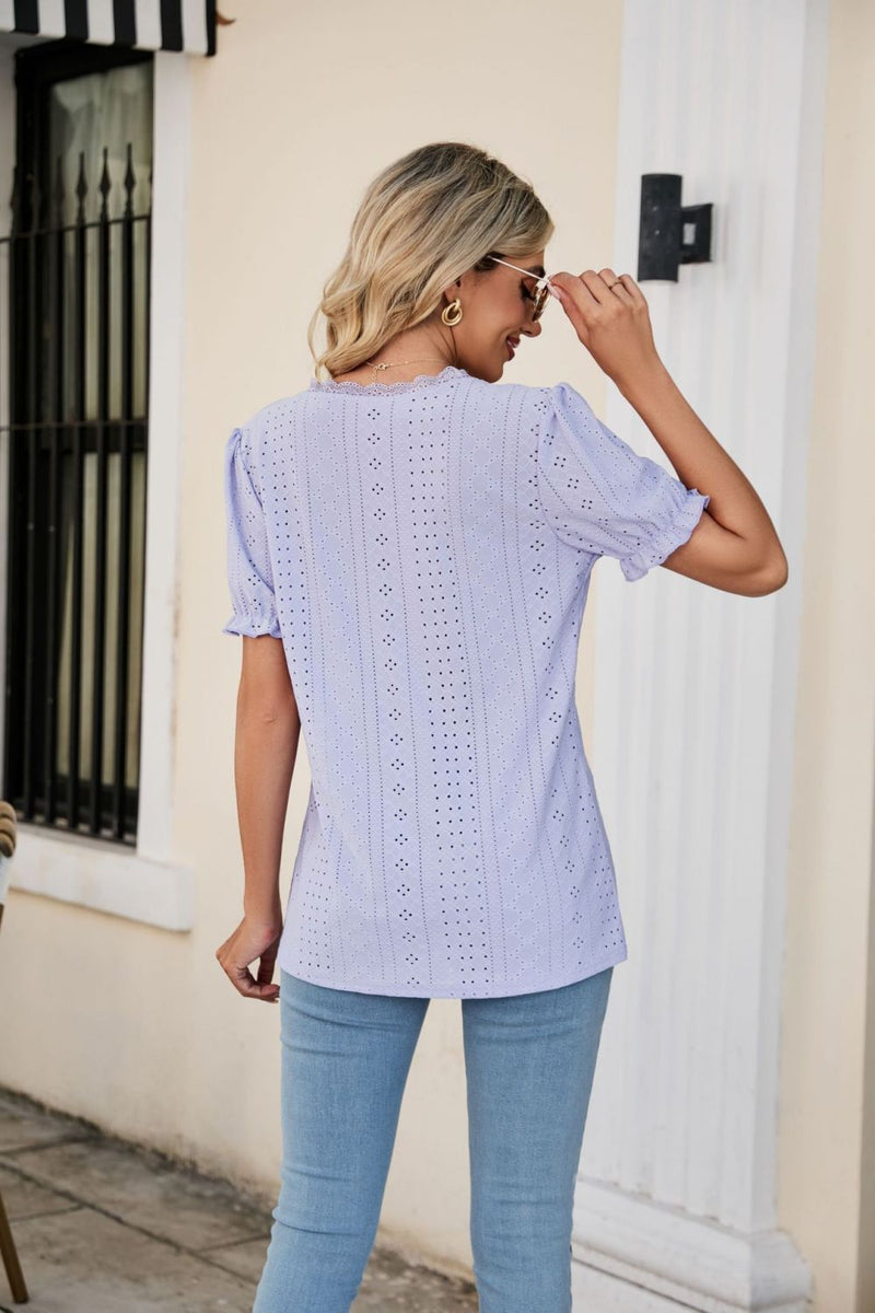 Deal of the Day Austin Eyelet Flounce Sleeve Scalloped V-Neck Top