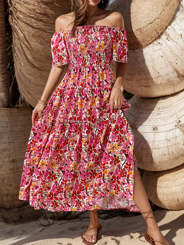 Trudy Slit Floral Off-Shoulder Short Sleeve Dress