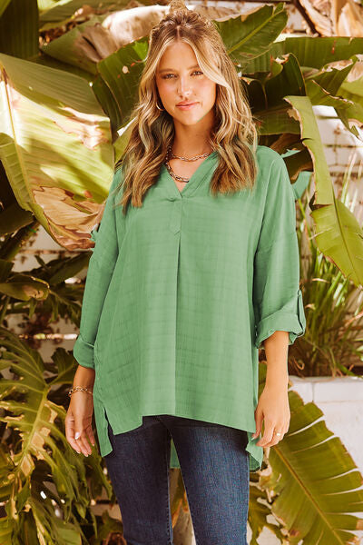 Toryn Notched Roll-Tab Sleeve Blouse